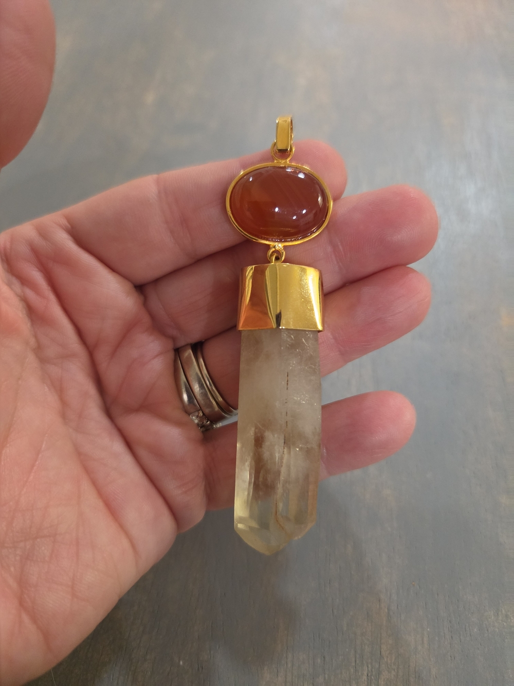 Gold-Tone Carnelian and Cytrine Quartz Pendant